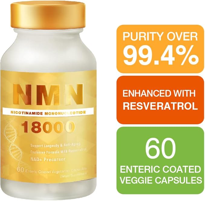 LOVITA NMN 18000, NMN Supplement with Resveratrol, Nicotinamide Mononucleotide 300 mg per Capsule, High Absorption & Stabilized Form, 99% Purity, for Healthy Aging, 60 Vegan Capsules