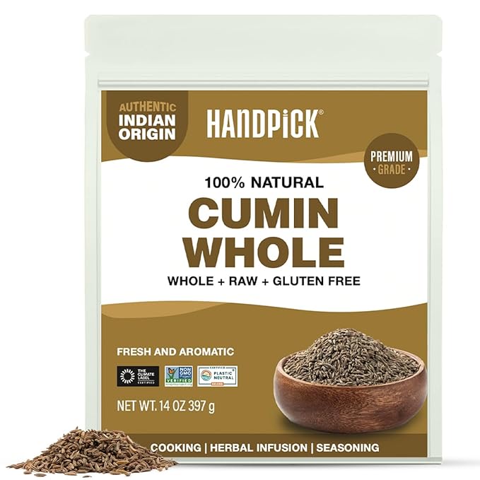 HANDPICK Cumin Seeds (397g/14oz) Non GMO, Gluten Free, 100% Raw, Sourced from India, Excellent Flavor, Aromatic, For Tempering, Spice Blends and Seasonings, Packed in Resealable Ziplock Pouch