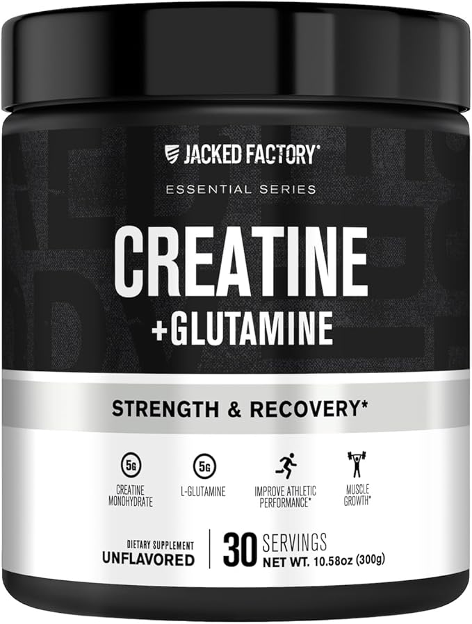 Jacked Factory Creatine + Glutamine - Creatine Supplement with L-Glutamine for Muscle Recovery, Muscle Growth, Increased Strength, Enhanced Energy Output, and Gut Health - 30 Servings, Unflavored
