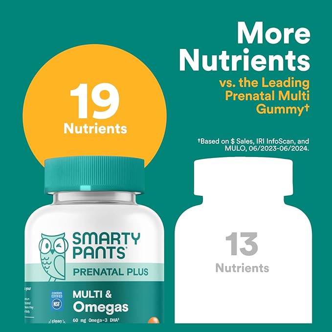 SmartyPants Prenatal Multivitamin Gummies with Omega 3 DHA/EPA, Methylfolate, Biotin, Vitamins D3, C, B12, B6, A, K, and Zinc, Gluten Free, Clean Label, Two Fruit Flavors, 90 Gummies (30 Day Supply)