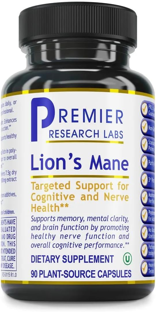 Premier Research Labs Lion's Mane - Lions Mane Mushroom Supplement Capsules for Focus, Memory, & Brain Support for Adults & Kids, 1000mg Premium Extract Per Serving - 90 Vegetarian Capsules