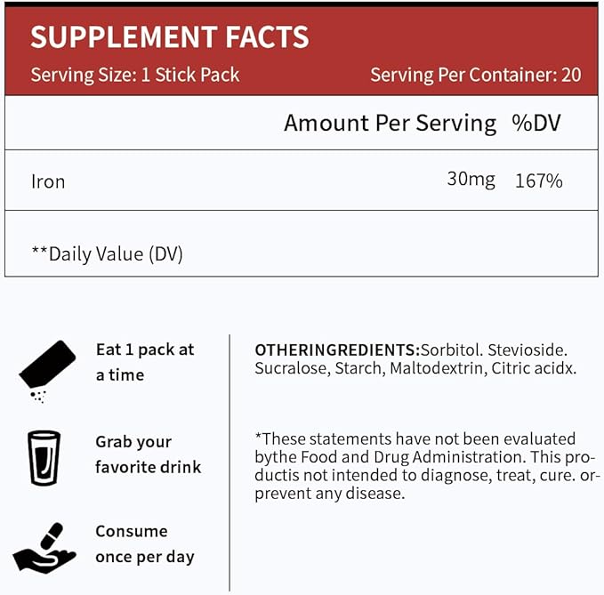 Iron Supplement, 30 Mg Iron Supplement for Women and Men, Promotes Red Blood Cell Production, Supports Iron Deficiency in Adults, 20 Ready-to-Drink Powder Sachets