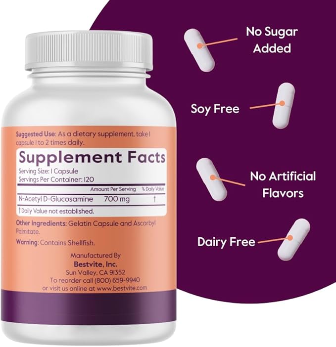 BESTVITE N-Acetyl Glucosamine (N-A-G) 700mg (120 Capsules) - No Stearates - Non GMO - Gluten Free