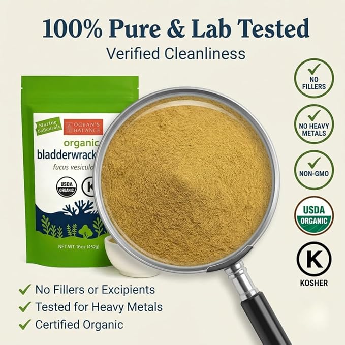 Ocean’s Balance Clean – Organic Bladderwrack Powder (Fucus vesiculosus) from The Pristine Maine Coast | Vegan • Lab‑Tested Purity • Skin & Digestive Wellness 4 Oz