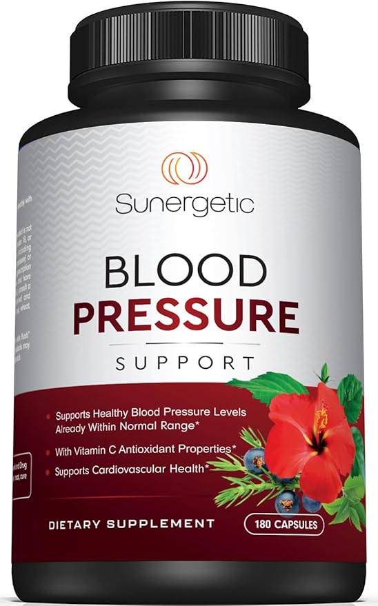 Sunergetic Premium Blood Pressure Support Supplement for Cardiovascular & Heart Health with Garlic, Hawthorn & Hibiscus (180 Capsules)
