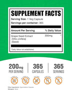 BulkSupplements.com Grape Seed Extract Capsules - Antioxidant Supplement, Grape Seed Extract 200mg - Vegan & Gluten Free, 1 Capsule per Serving, 365 Veg Capsules (Pack of 1)