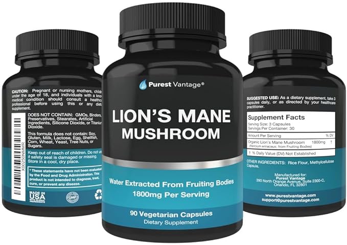 Lions Mane Mushroom Capsules - 1800mg Lion's Mane Mushroom Supplement Grown in USA - Nootropic Brain Supplement and Immune Support - 90 Veggie Caps