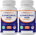 Vitamatic Alpha Lipoic Acid (ALA) 600mg Per Serving - 240 Vegetable Capsules - 120 Servings - Non-GMO & Gluten Free-2 Pack