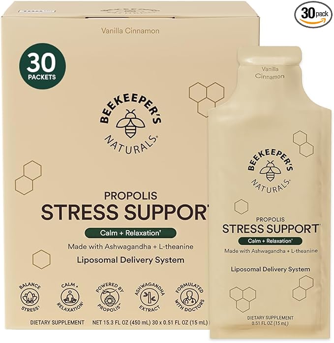 Ashwagandha Liposomal Stress Support by Beekeeper's Naturals, 600mg with Propolis, L-Theanine, Anti-Stress Support for Calm & Relaxation, 30ct