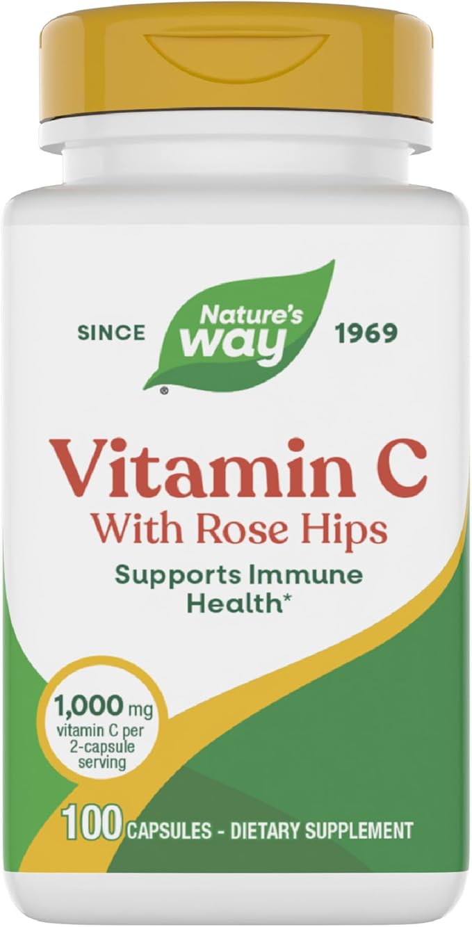 Nature's Way Vitamin C with Rose Hips, Powerful Antioxidant & Immune Function Support from Vitamin C*, Promotes Collagen for Healthy Skin*, 1,000 mg Vitamin C, 100 Capsules (Packaging May Vary)