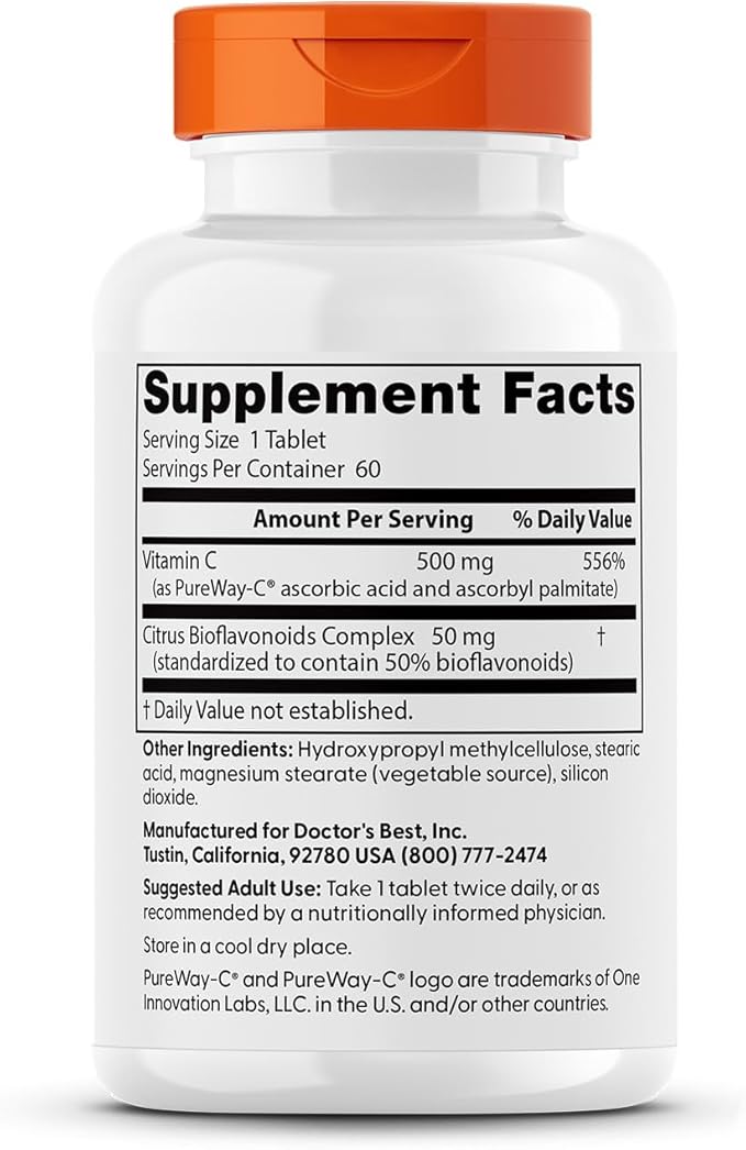 Doctor's Best High Absorption Vitamin C 500mg with Bioflavonoids - Vegan VIT C Supplement for Women & Men, PureWay-C Ascorbic Acid, Immune Health Support, Sustained Release, Gluten Free - 60 Tablets