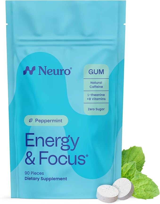 Neuro Energy & Focus Gum - 40mg Natural Caffeine Gum & Nootropic Energy Supplement with L-Theanine & B Vitamins - Sugar Free, Vegan - Peppermint, 90ct