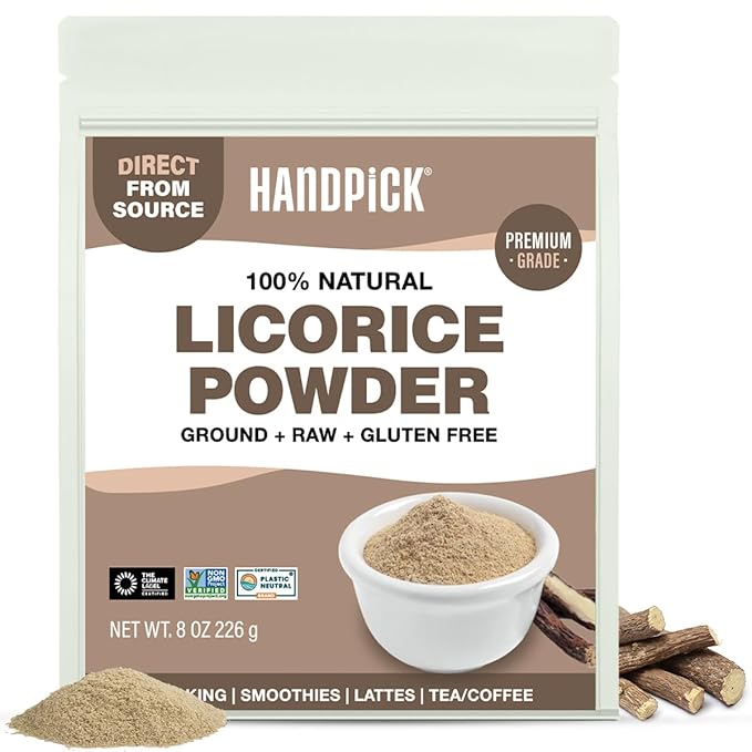 HANDPICK Licorice Root Powder (226g/8oz) Non GMO, Gluten Free, 100% Raw Ground Mulethi, Sourced from India, Glycyrrhiza Glabra, Packed in Resealable Ziplock Pouch