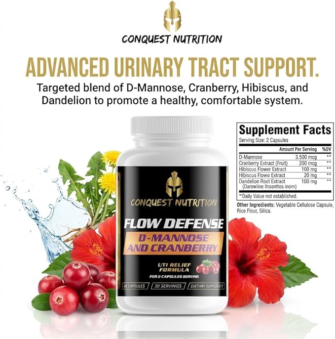 Conquest Fit Flow Defense D‑Mannose Cranberry UTI Support Supplement, 60 Veggie Capsules – Bladder & Urinary Tract Health Formula