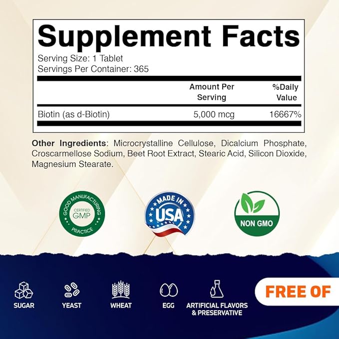 Vitamatic Biotin 5000mcg (5 mg) for Stronger Hair, Skin & Nails - 365 Vegan Tablets- Also Called Vitamin B7