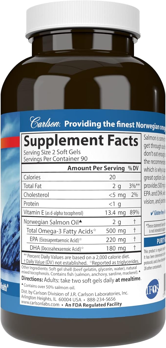 Carlson Salmon Oil, 500mg Omega-3s, Norwegian Wild-Caught Fish Oil, Sustainably Sourced, 180 Softgels