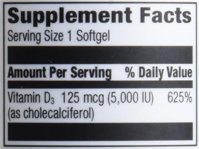 Amazon Elements Vitamin D3, 5000 IU, 180 Softgels, 6 Month Supply (Packaging May Vary), Supports Strong Bones and Immune Health (Pack of 2)