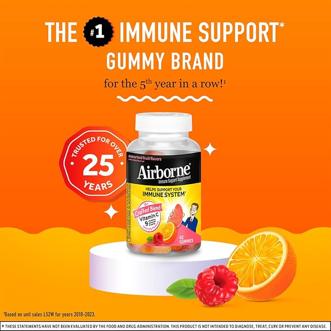Airborne 750mg Vitamin C Immune Support Supplement Gummies for Adults, Assorted Fruit Flavor, Gluten Free Crafted Blend with Powerful Antioxidants Vitamins A C & E, 42 Gummies (4 Pack)