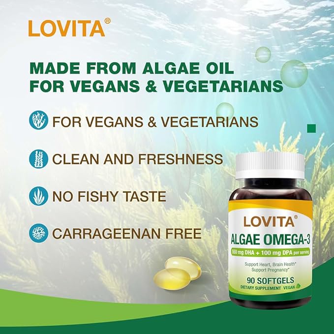 Lovita Algae Omega-3, Vegan and Plant-Based DHA & DPA, Fish Oil Alternative, 1000mg Algae Oil, Support Heart and Brain Health, Carrageen-Free, 90 Softgels (Pack of 3)