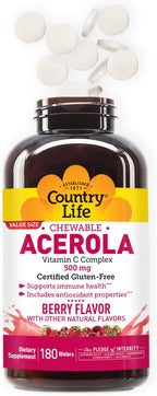 Country Life Acerola Vitamin C Complex, 500mg, Chewable Berry Flavored Wafers, Supports Immune Health, 180 Wafers, Certified Gluten Free by GFCO , Certified Vegan by AVA