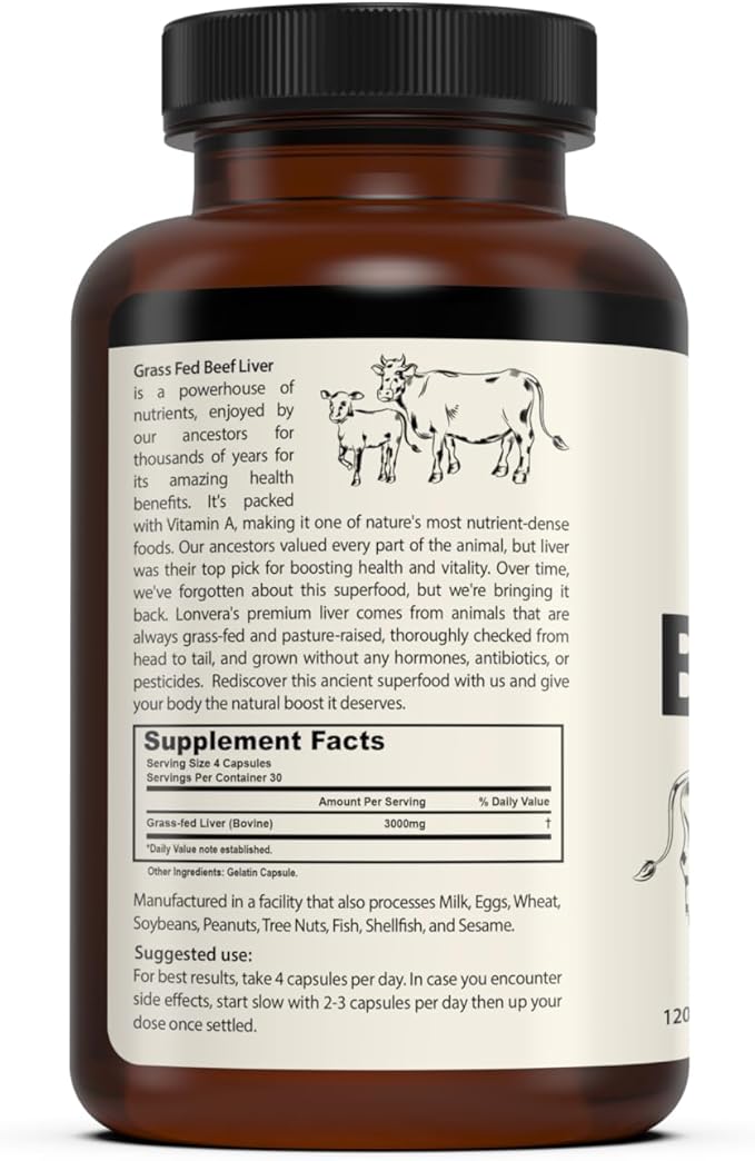 Lonvera Grass Fed Beef Liver Capsules for Women and Men – 3000mg Freeze Dried Desiccated Organs – Nutrient Source for Joints, Bones, Hair, Skin, Nails & Daily Energy – 120 Pasture-Raised Capsules