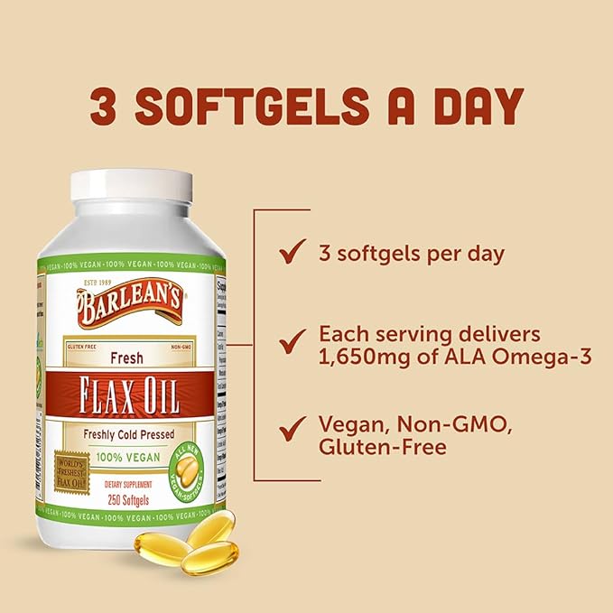 Barlean's Vegan Flaxseed Oil Supplements, Cold-Pressed Flax Seed Supplement Softgels with 1650 mg ALA Fatty Acids, 250 Count