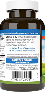 Carlson - Chewable B-12, 1000 mcg, Energy Production, Nerve Function & Optimal Wellness, Lemon, 180 tablets
