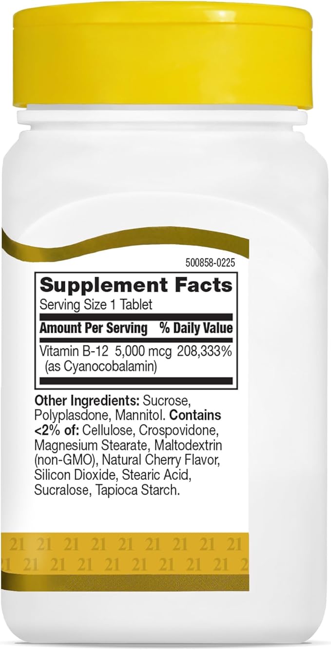 21st Century Vitamin B12 5000 mcg Supplement, (110 Count), Cherry Flavored Sublingual Tablets, Quick Dissolving Formula, Gluten-Free & Non-GMO, No Added Yeast, Artificial Flavors, or Colors