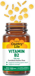 Country Life Vitamin B2 100mg Riboflavin Supplement – Boosts Energy Production & Supports Cell Function, Gluten-Free, Vegan, Kosher, Halal – no preservatives, GMO or Artificial Flavors, 100 Count