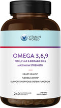 Vitamin World Triple Omega 3-6-9 3600mg with Fish, Flaxseed & Borage Seed Oils, Omega-3 Fatty Acids with EPA & DHA, Supports Heart, Brain & Immune Health, Gluten Free, 240 Softgels