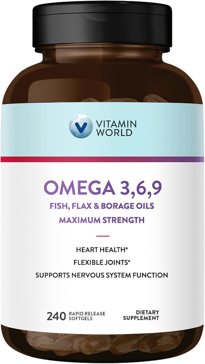 Vitamin World Triple Omega 3-6-9 3600mg with Fish, Flaxseed & Borage Seed Oils, Omega-3 Fatty Acids with EPA & DHA, Supports Heart, Brain & Immune Health, Gluten Free, 240 Softgels