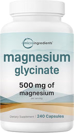 Magnesium Glycinate 500mg Per Serving, 240 Capsules | Potent Elemental Form, 100% Chelated, High Absorption | Healthy Muscle, Bones, & Mood Support Supplement | Non-GMO