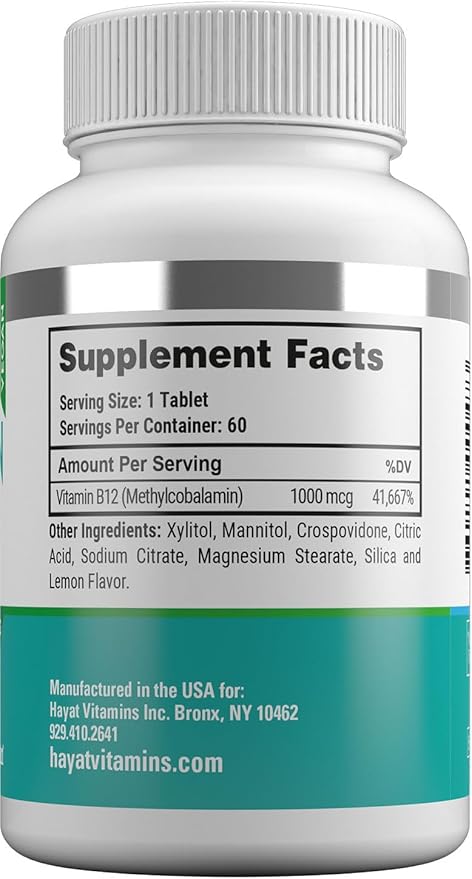 HAYAT Vitamins Vegan Natural Vitamin B12 1000 MCG, Dietary Supplement for Energy Metabolism Support, 2 Month Supply, All Natural, Certified Halal, 60 Tablets, Made in The USA