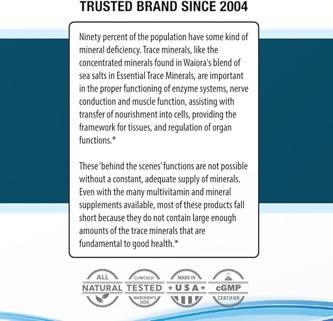 Waiora Essential Trace Minerals | Help Replenish Lost/Depleted Mineral | 60+ Ionic Trace Minerals | Support Body’s Vital Functions, pH Balance | Plus Electrolytes for Hydration (1 Bott / 48 serv)