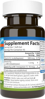 Carlson - K Complete, K1 & K2 as MK-4 & MK-7, Promotes Bone & Cardiovascular System Health, 45 Softgels