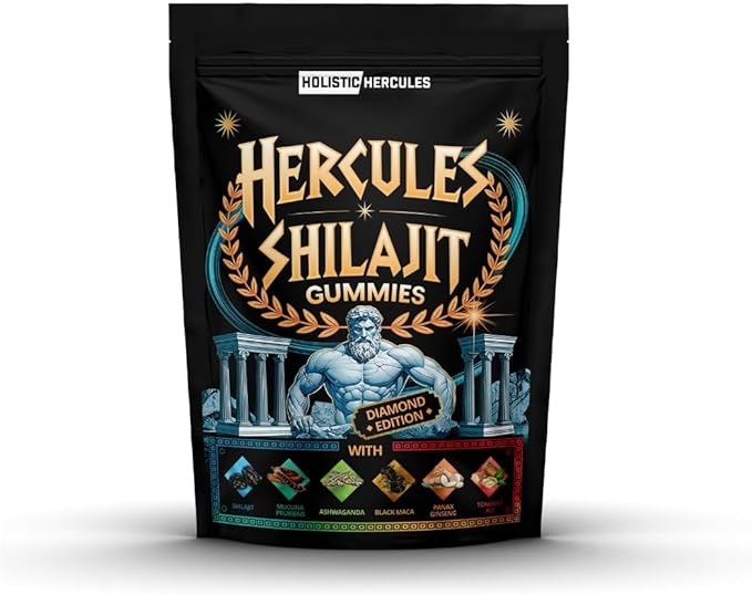 Holistic Hercules Himalayan Gold Shilajit Gummies with Ashwagandha Black Maca Tongkat Ali Panax Ginseng Mucuna | 100% Natural Organic | Vegan Non-GMO Sugar-Free (30)