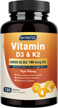 DRFOSTER Vitamin D3 K2, 10000 IU Vitamin D3 Plus 180 mcg of Vitamin K2, Supplements for Adults for Bone & Heart Health Support, 120 Capsules