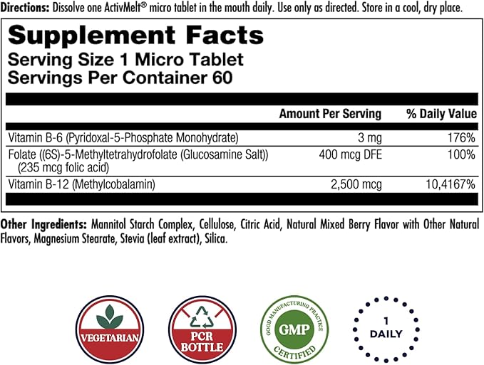 KAL Vitamin B-6 B-12 Methyl Folate ActivMelt, Vitamin B Supplement, Heart Health, Energy and Red Blood Cell Support with Methyl B12 and DFE Folic Acid, Natural Berry Flavor, 60 Servings, 60 Micro Tabs