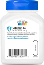21st Century Healthcare Vitamin K2 (MK-7) 100 mg Vegetarian Capsules, 110 Count