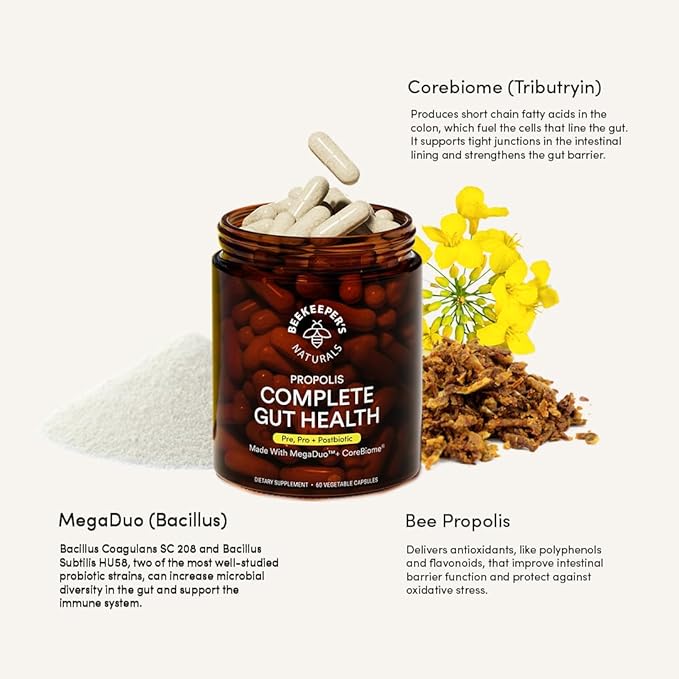 Complete Gut Health by Beekeeper's Naturals, 3-in-1 Prebiotic, Postbiotic, Probiotics for Digestive Health & Bloating Relief for Women & Men, Propolis Powered, Gluten-Free Vegan Capsules, 60ct