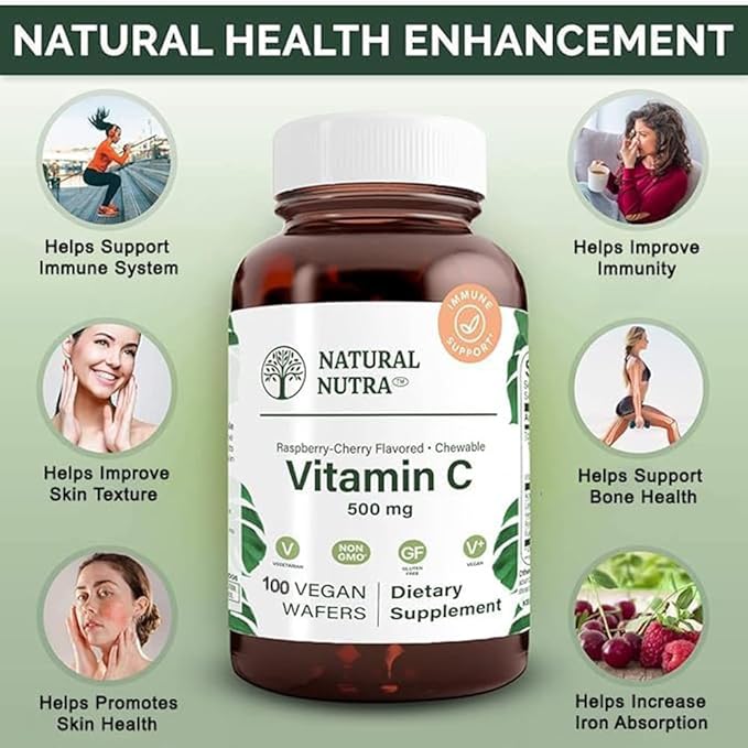 Natural Nutra Vitamin C Supplement for Kids and Adults, Immune Booster, Helps Supports Bone Health, Protect Skin and Heart Health, Vegetable Source, 500 mg, 100 Vegan Wafers