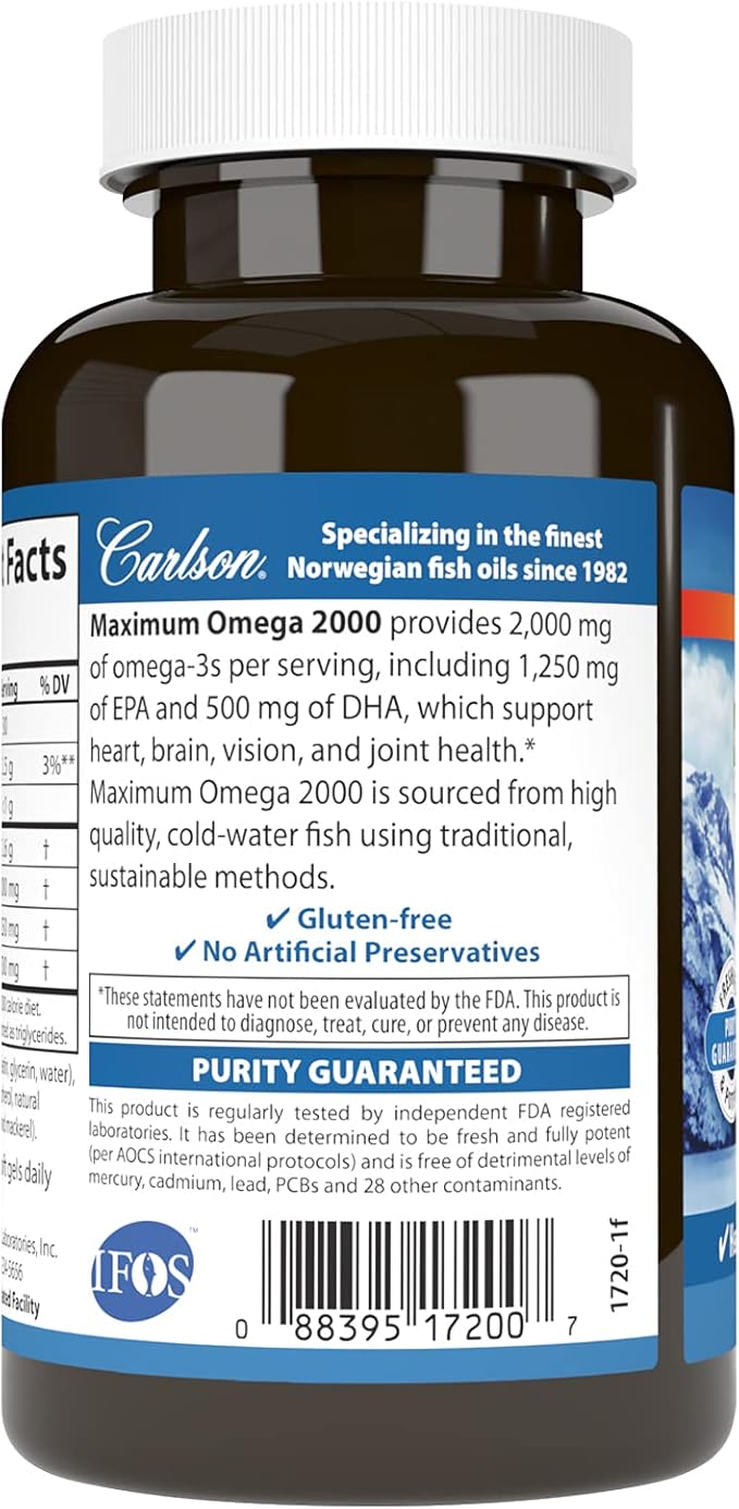 Carlson - Maximum Omega 2000, 2000 mg Omega-3 Fatty Acids Including EPA and DHA, Wild-Caught, Norwegian Fish Oil Supplement, Sustainably Sourced Fish Oil Capsules, Lemon, 60 Softgels