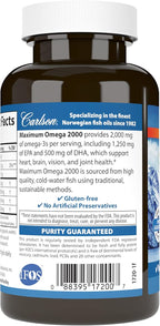 Carlson - Maximum Omega 2000, 2000 mg Omega-3 Fatty Acids Including EPA and DHA, Wild-Caught, Norwegian Fish Oil Supplement, Sustainably Sourced Fish Oil Capsules, Lemon, 60 Softgels