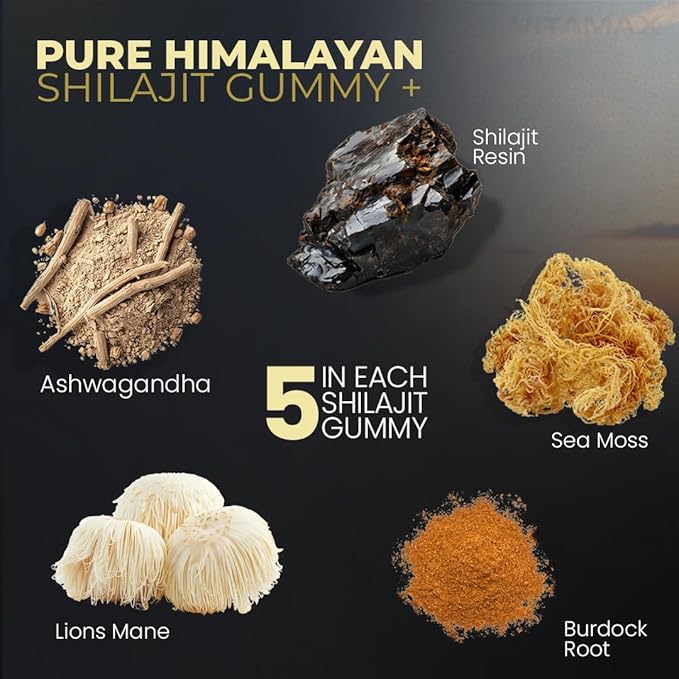 Pure Shilajit Gummies, Sea Moss, Ashwagandha, 105+ Trace Minerals – Organic Burdock Root & Lions Mane Mushroom - Blue Razz – Vegan & Non-GMO – Made in USA – 60ct