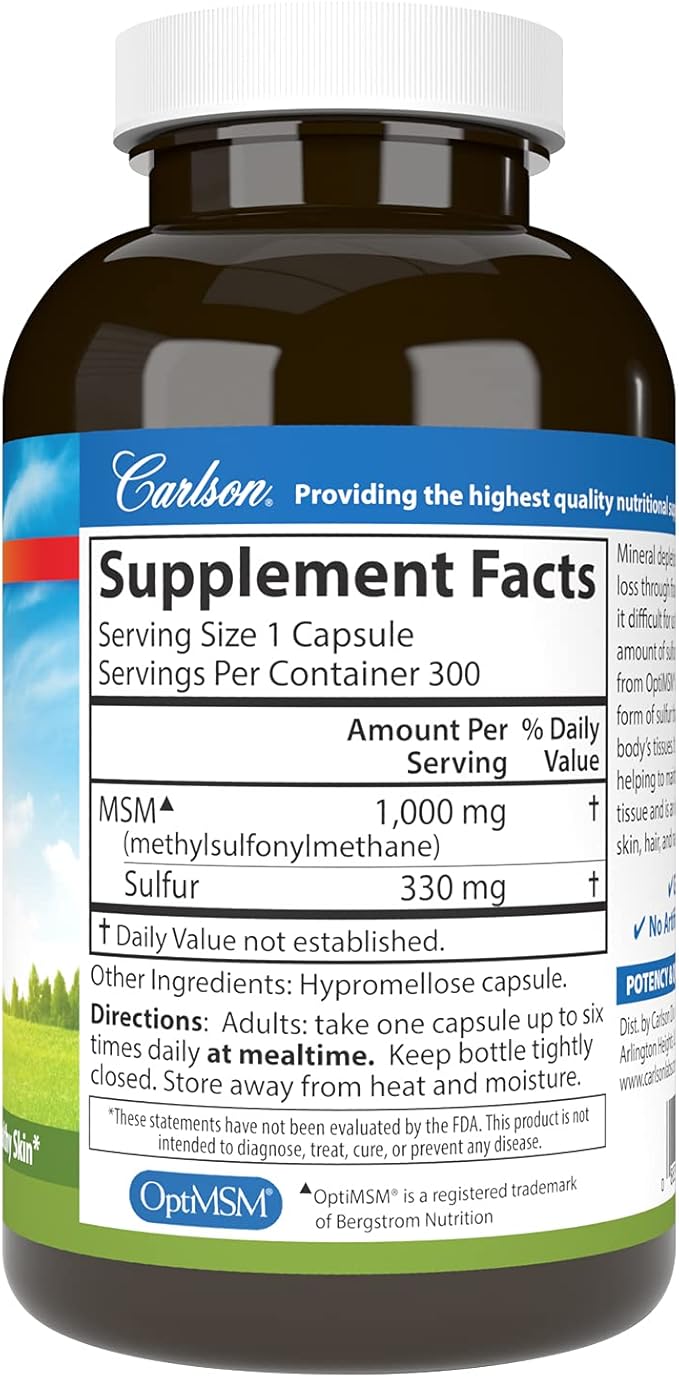 Carlson - M-S-M Sulfur, 1000 mg - Superior Bioavailability, Joint Function, Connective Tissue Support & Healthy Skin, 300 Vegetarian Capsules
