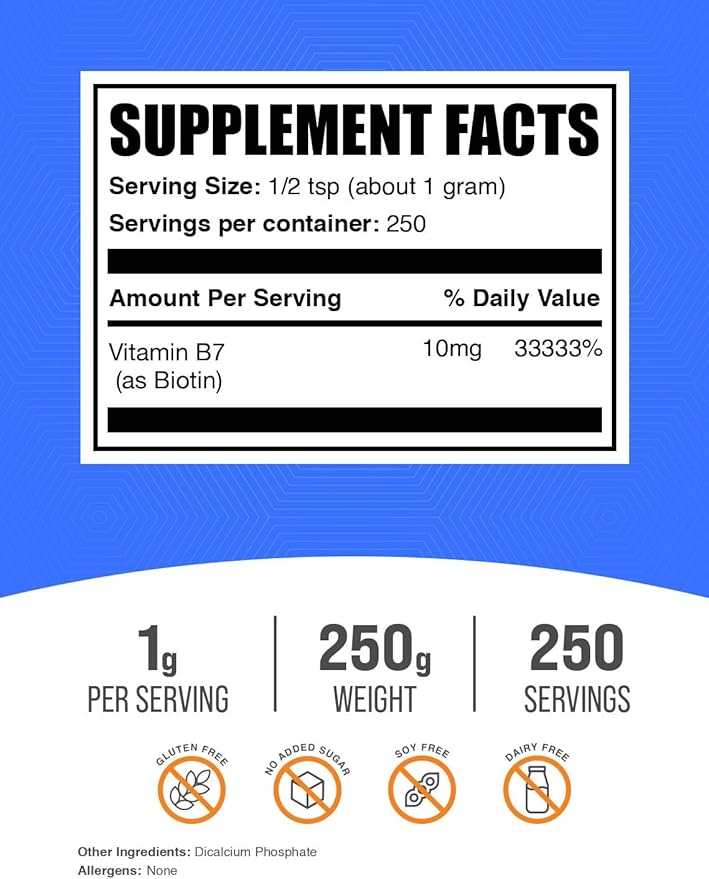 BulkSupplements.com Biotin 10000mcg Powder - Vitamin B7, Vitamins for Hair, Skin, and Nails - Gluten Free, 1g per Serving (10mg Biotin), 250g (8.8 oz) (Pack of 1)