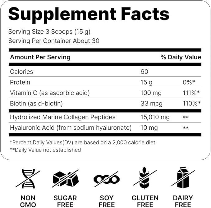 Marine Collagen Peptides - Hydrolyzed Ultra-fine Collagen Powder for Women & Men, Hyaluronic Acid, Biotin, Vitamin C, for Skin, Hair, Nails, Joints, Non-GMO, Unflavored, Easily Dissolved, 16oz