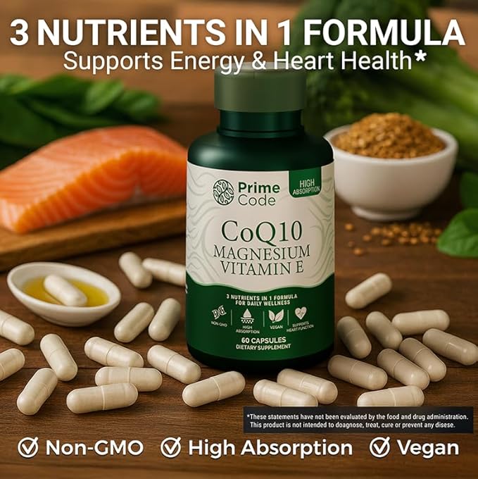 Prime Code [ 3 𝐢𝐧 𝟏] CoQ10 250mg with Magnesium Glycinate and Vitamin E | CoQ10 Capsules 250mg | Magnesium Glycinate 200mg | Vitamin E 15mg | Non-GMO | Gluten & Soy Free | Vegan