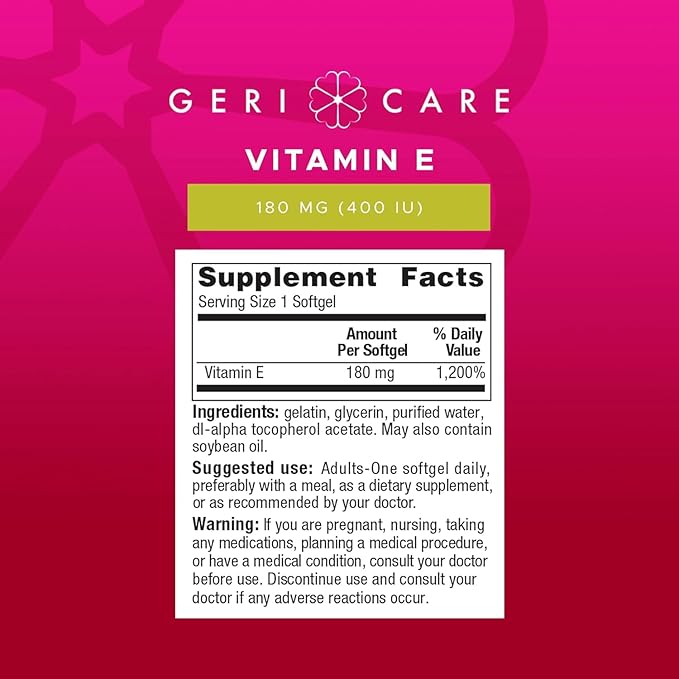 GeriCare High-Potency Vitamin E Softgels – 400 IU for Skin & Immune Support, 180mg | 100 Count | Organic Capsules Vitamin E for Women and Men (Pack of 2)