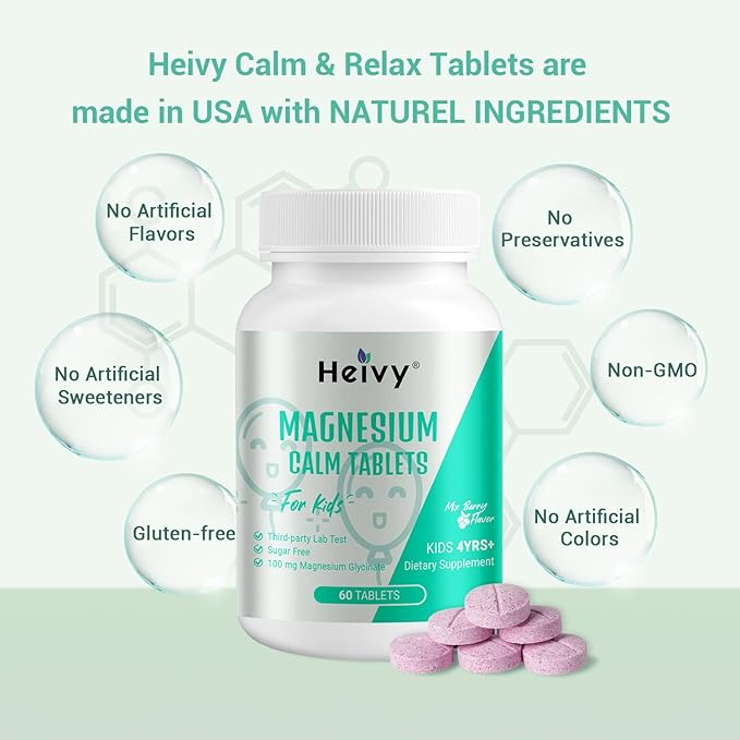 Heivy Kids Calming Supplement, Contains Magnesium Glycinate & Vitamin B6, Support Calm & Relax, Calm Mind and Body, Berry Flavor for Age 4+ (60 Servings), Vegan, Gluten-Free, Made in USA